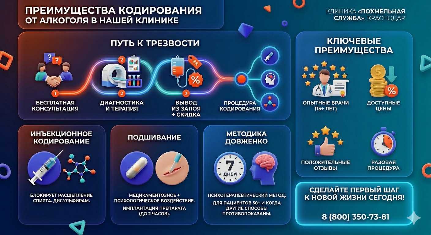 Инфографика о методах кодирования от алкоголя в Новом Кяхулае: инъекции, подшивание, метод Довженко. Преимущества клиники и этапы лечения.