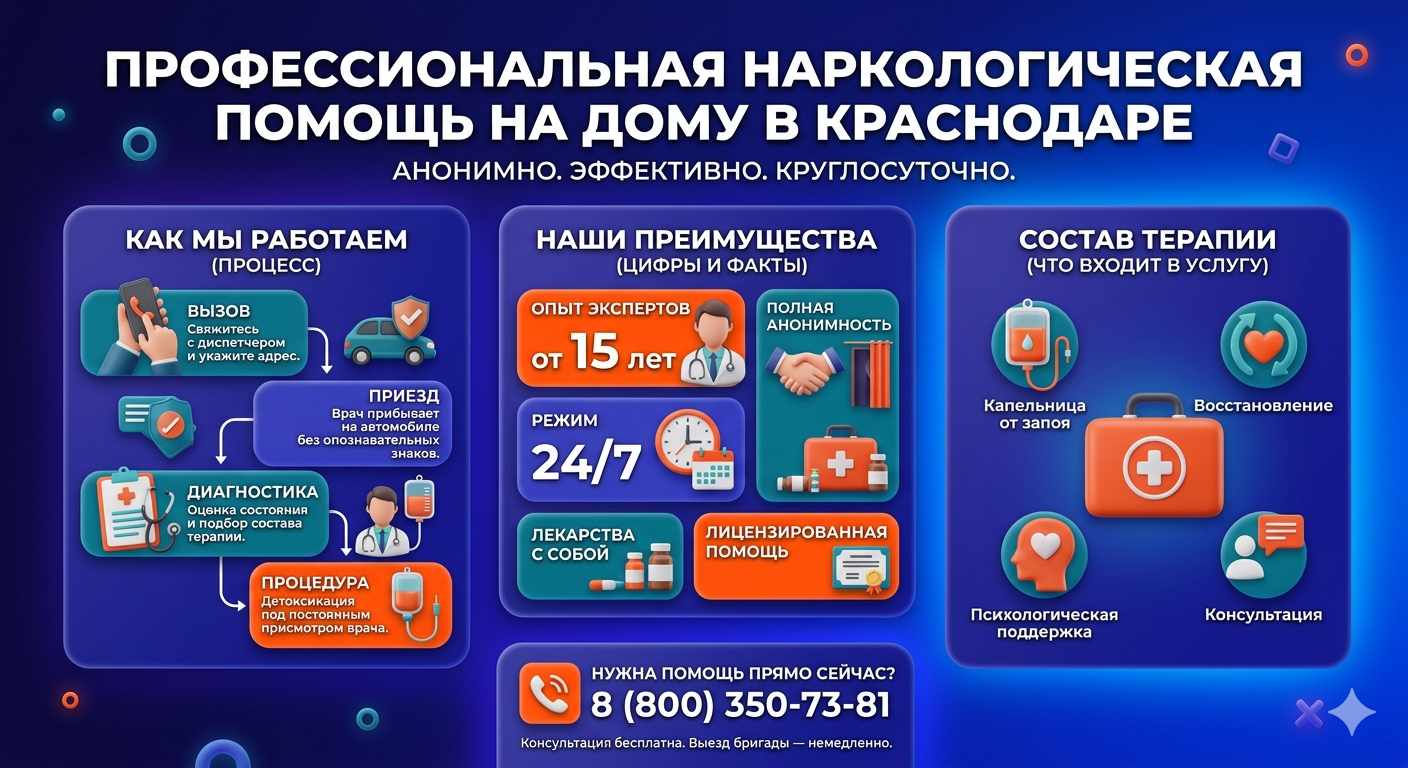 Инфографика о принципах лечения алкоголизма на дому в Новом Кяхулае: этапы вызова нарколога, преимущества анонимной детоксикации и состав медицинской помощи.